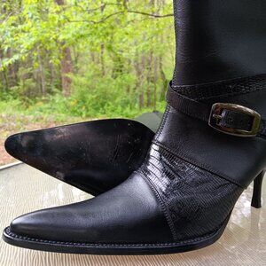 Women's Lagrange Black Leather Knee High Pointy Heeled Boots Size 9.5 New